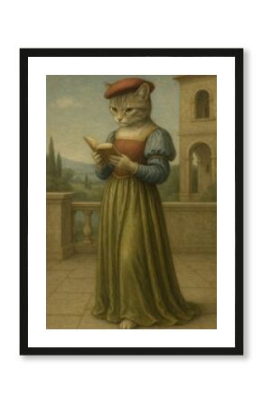 Cat reading medieval attire
