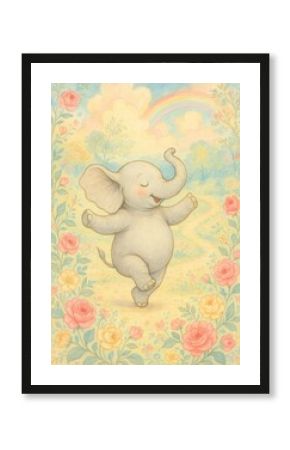 Joyful elephant amidst colorful flowers.