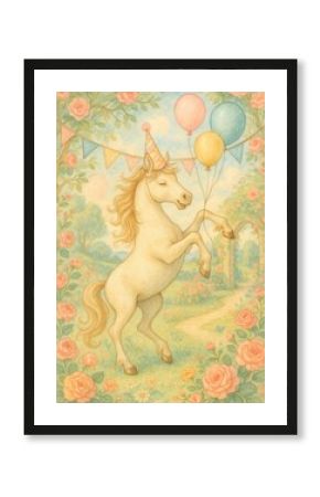 Whimsical unicorn with balloons.