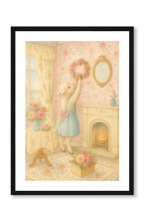 Charming lamb decorates floral room.