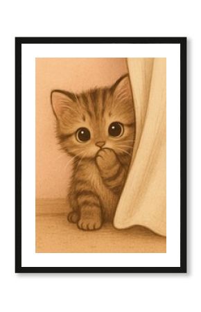 Adorable kitten peeking shyly.