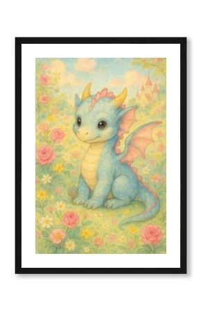 Whimsical dragon in floral wonderland.
