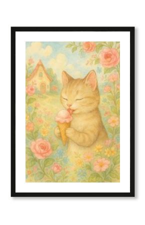 Whimsical cat enjoying ice cream.