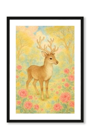 Whimsical deer in floral meadow.