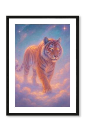 Majestic tiger amidst ethereal clouds.