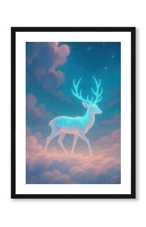 Mystical deer glowing in clouds.