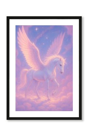 Ethereal Pegasus in dreamy clouds.
