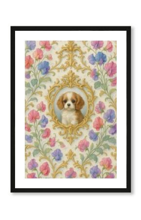 Puppy portrait ornate floral elegance.