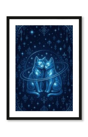 Mystical cats in cosmic embrace.