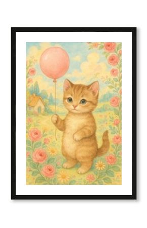 Adorable kitten with pink balloon