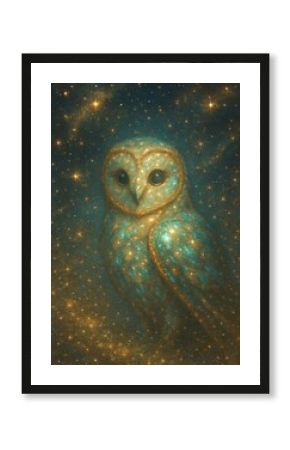 Mystical owl amidst cosmic stars.