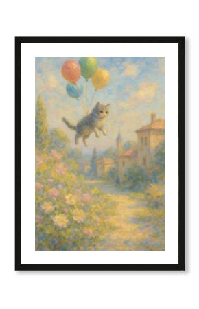 Whimsical cat flying balloons.
