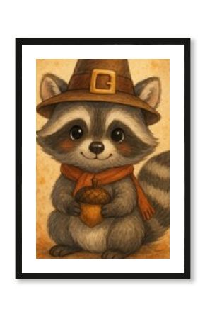 Adorable raccoon in pilgrim hat