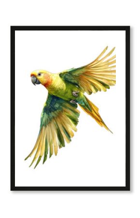 A golden parakeet in midflight isolated on transparent background, its wings outstretched, displaying its vibrant yellow and green plumage, creating a dynamic scene
