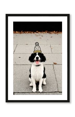 Cute portrait of a happy dog wearing a hand drawn winter hat on minimal background for festive pet design