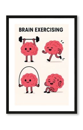 Cute cartoon brains exercising with weights, jump rope, and running for mental fitness and cognitive health poster