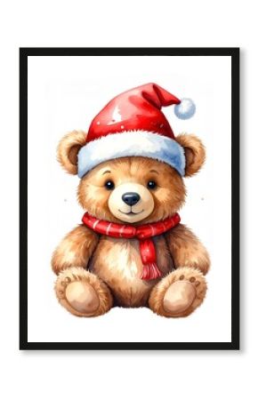 A teddy bear wearing christmas hat illustration watercolor children's, isolated on white background
