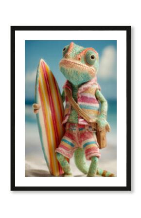 Cute chameleon surfer with striped board on a sandy beach