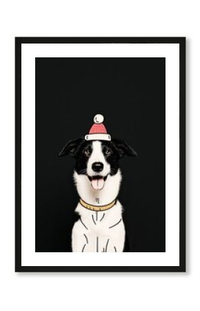 Adorable dog portrait with hand drawn santa hat doodle on black background for festive holiday design
