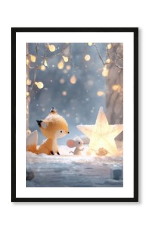 Winter Wonderland Serenade: A heartwarming scene unfolds as a charming fox and a gentle mouse share a moment of wonder amidst a snow-kissed landscape, with twinkling lights.