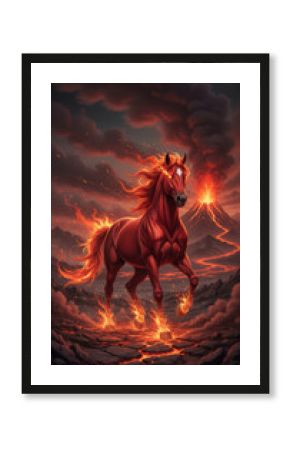 A vivid scene shows a red horse galloping through a rocky terrain, surrounded by flowing lava. A volcano erupts in the background under a dynamic sky, creating a dramatic atmosphere