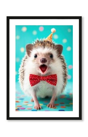 Cute hedgehog celebrating in a party hat with red bow tie