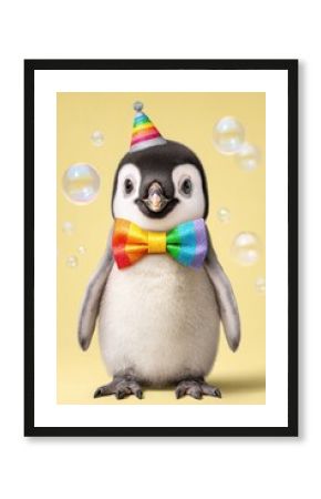 Cute penguin chick wearing a rainbow bow tie and colorful party hat