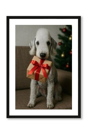Dog holding festive gift box.