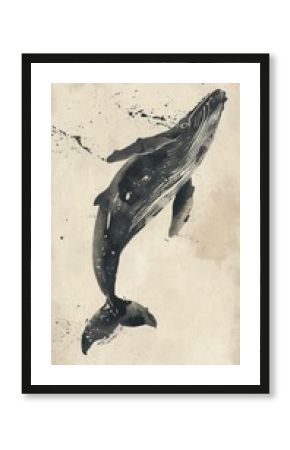 Ink painting minimal of whale animal mammal underwater.