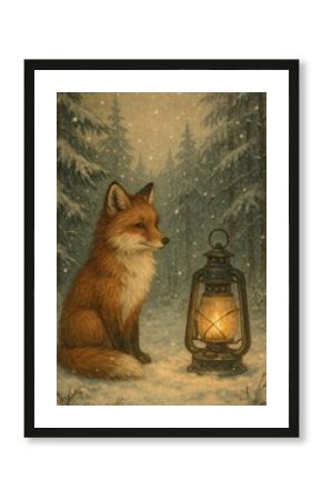 Fox with lantern snow forest