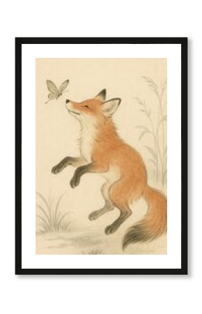 Fox leaping towards butterfly