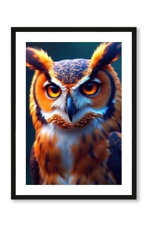 Vibrant digital art of owl with intense gaze. Multicolored feathers orange blue, white. Big round eyes stare straight. Predator bird portrait with detailed plumage, beak. Wildlife animal in artistic