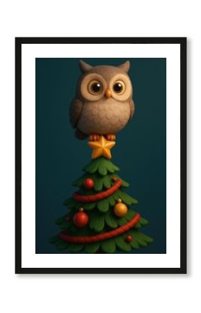 Cute owl atop festive tree.