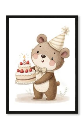 Cute bear birthday illustration with cake and candle. Whimsical pastel animal greeting design. Playful charming festive card artwork with all keywords.