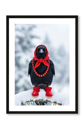 Stylish Crow in Red Scarf and Boots Standing on Snowy Branch in Winter Wonderland
