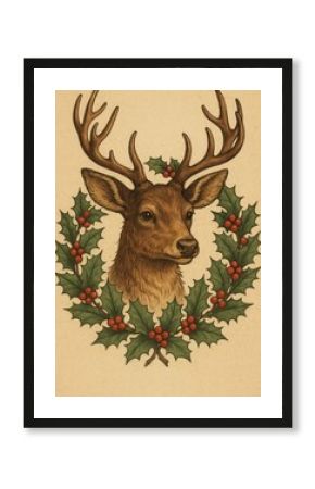 Elegant deer surrounded by holly.