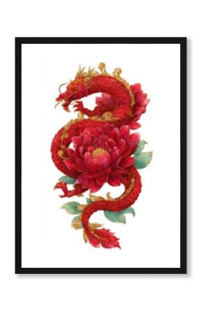 Vibrant dragon entwined with flower.