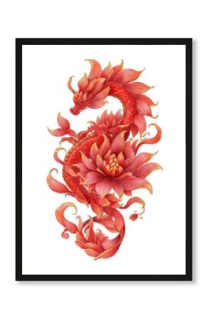 Vibrant dragon entwined with flowers.