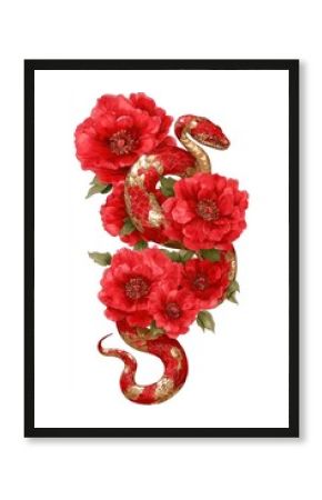 Vibrant snake entwined with flowers.