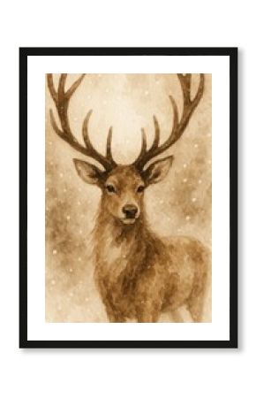 Majestic deer in snowy watercolor.