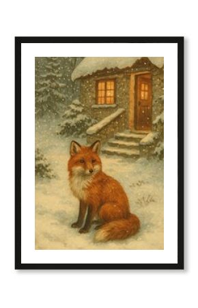 Fox winter cottage scene