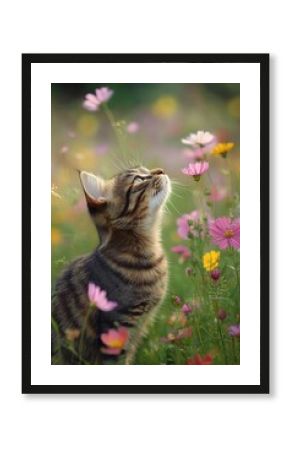 Kitten in a flower field. Selective focus.