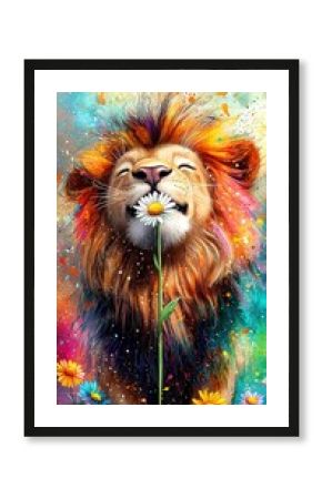   A lion with its eyes closed and a flower in its mouth, surrounded by vibrant splatters