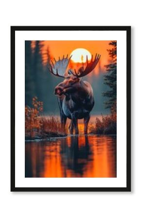 Moose standing in water at sunset, surrounded by trees.