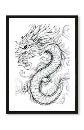 Detailed illustration of a majestic Asian dragon, coiled with ornate swirls and decorative flourishes.