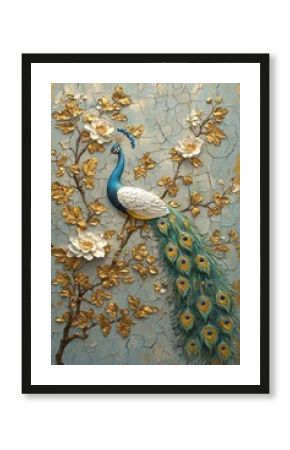 Elegant peacock displaying vibrant feathers amidst floral accents artistic wall mural serene environment