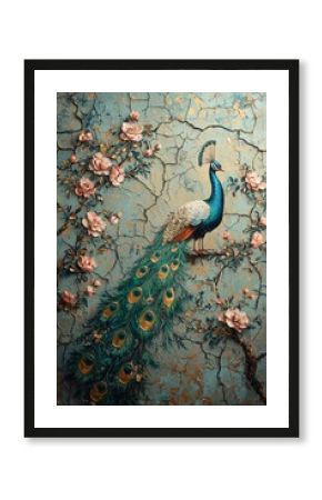 Vibrant peacock display amidst blossoming flowers artistic wall art elegant home decor serene environment