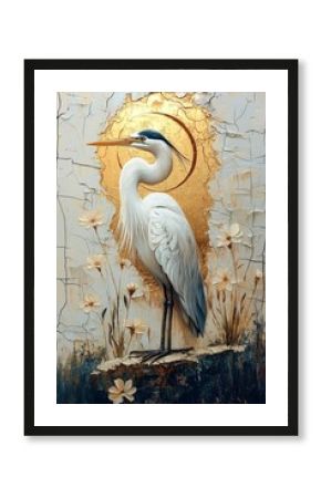 Elegant crane portrait amidst golden aura artistic illustration floral elements serene environment close-up view