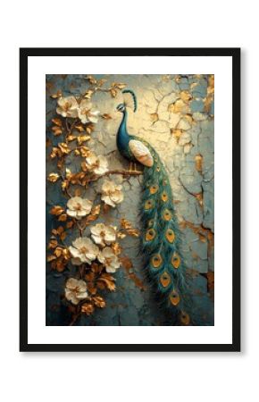 Elegant peacock perched among floral decor artistic wall art vibrant colors interior design aesthetic view