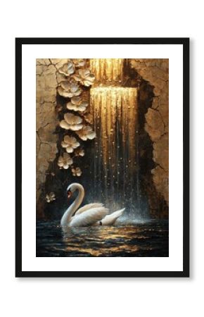 Elegant swan swimming under a cascading waterfall with golden flowers serene nature scene artistic design